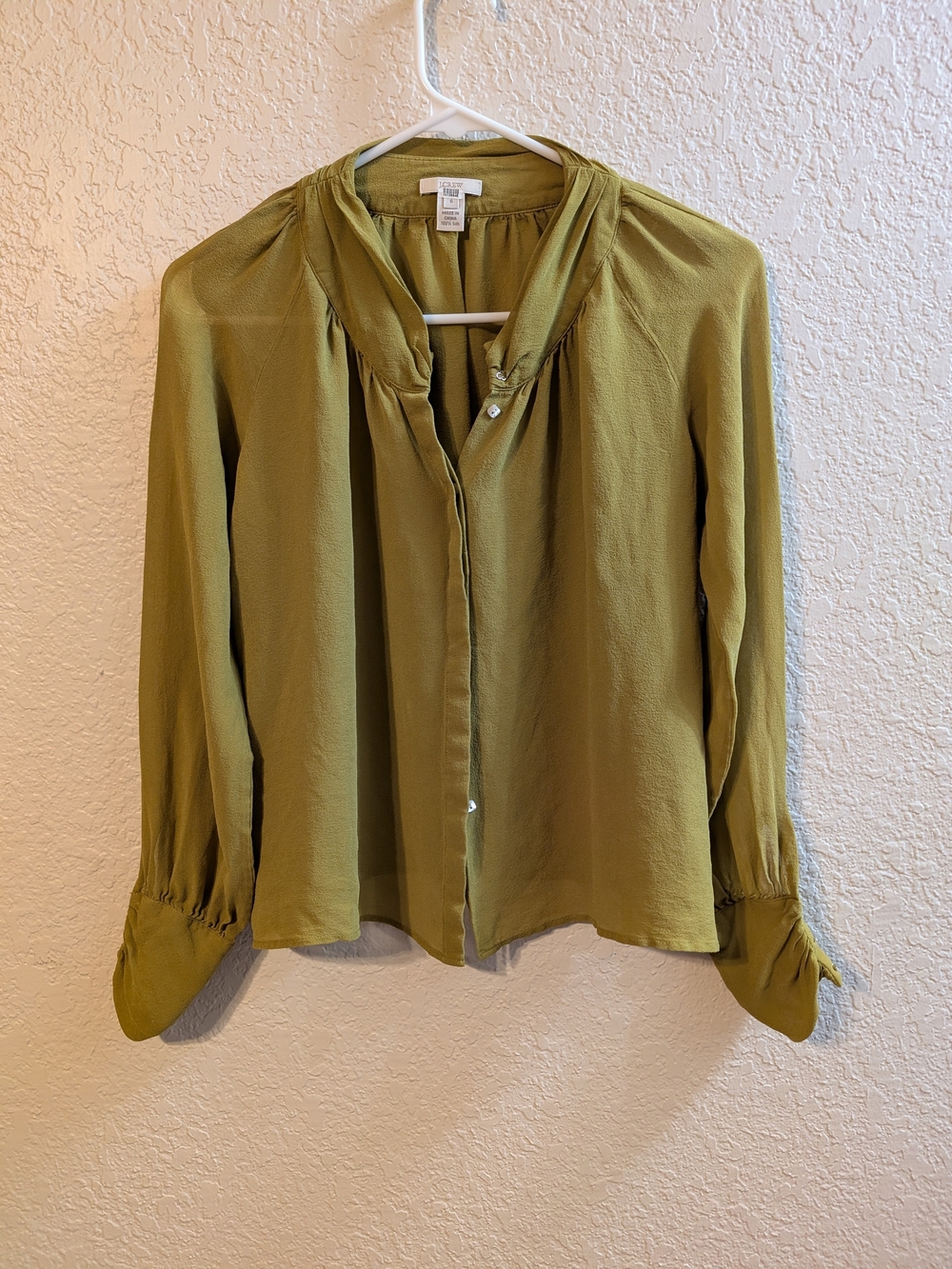 J. Crew 100% Silk Dark Chartreuse Green Semi-sheer Blouse, Size 6